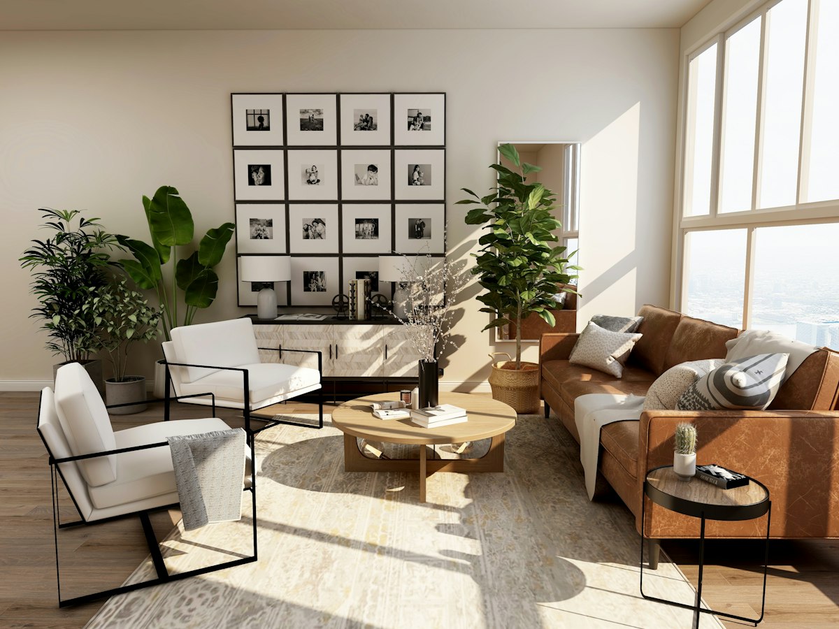 Airy modern living room with bespoke details and warm natural furnishings